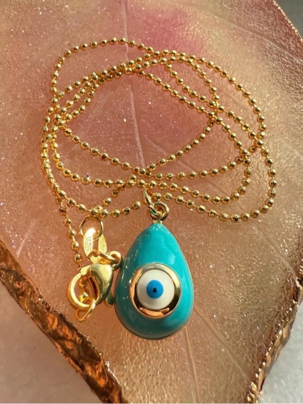 Stunning Teal Evil Eye Necklace 16 inches  .925 sterling silver gold plated